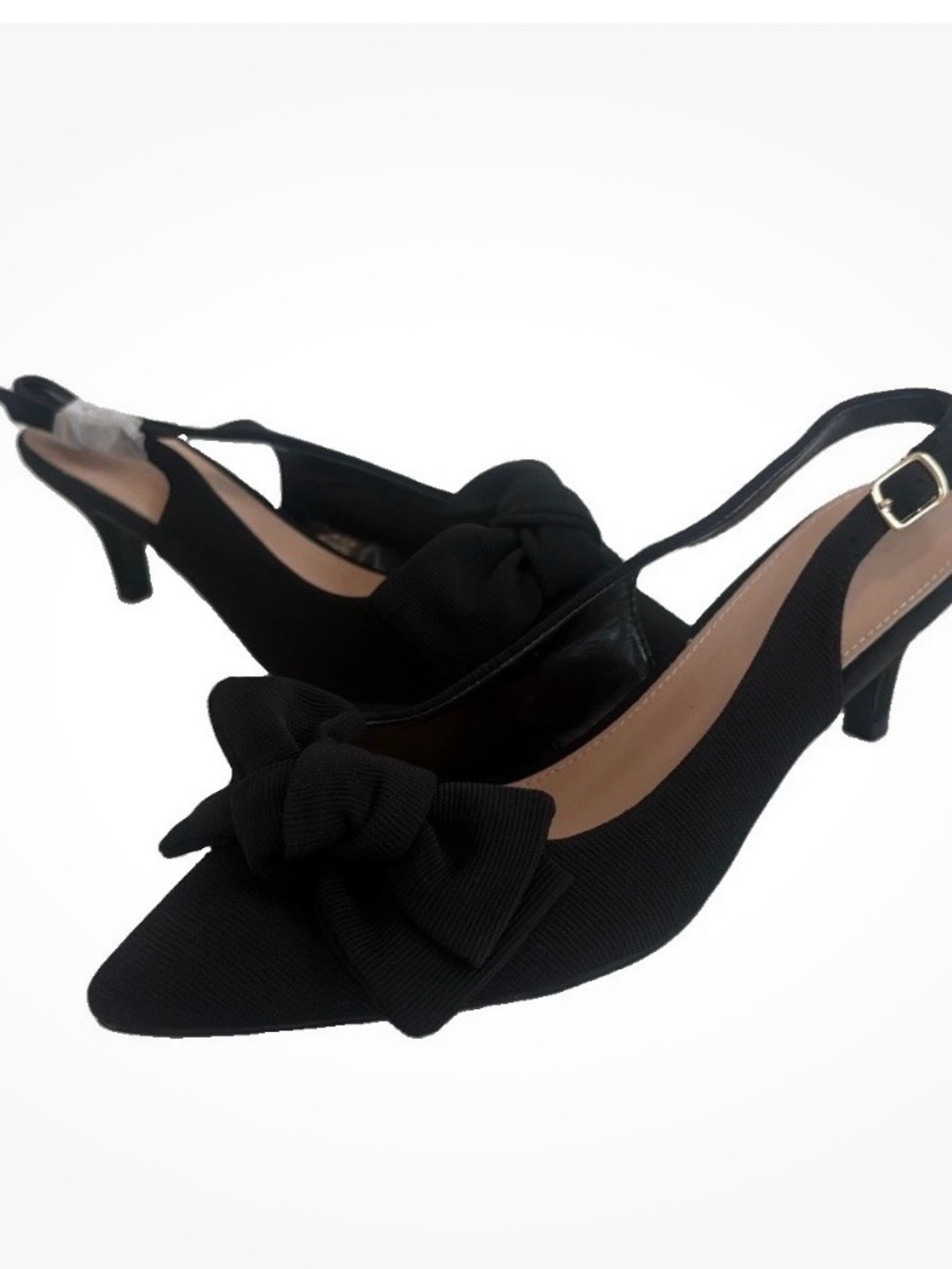 Cuccoo SHEIN Black Ribbed Kitten Heels Pointed Toe W/ Bow